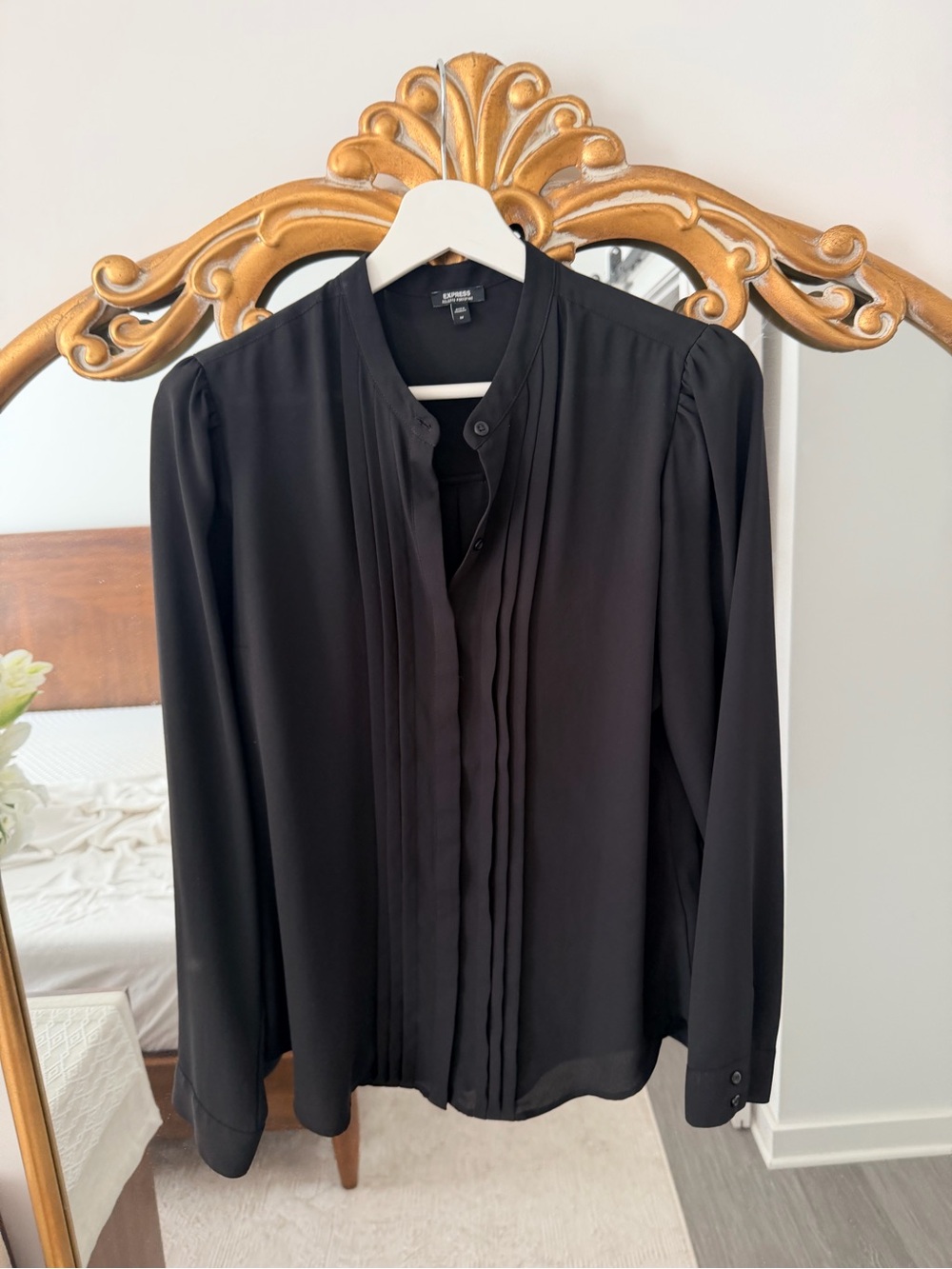 Express Black Pleated Mandarin Collar Dress Shirt - Sleek Long Sleeve